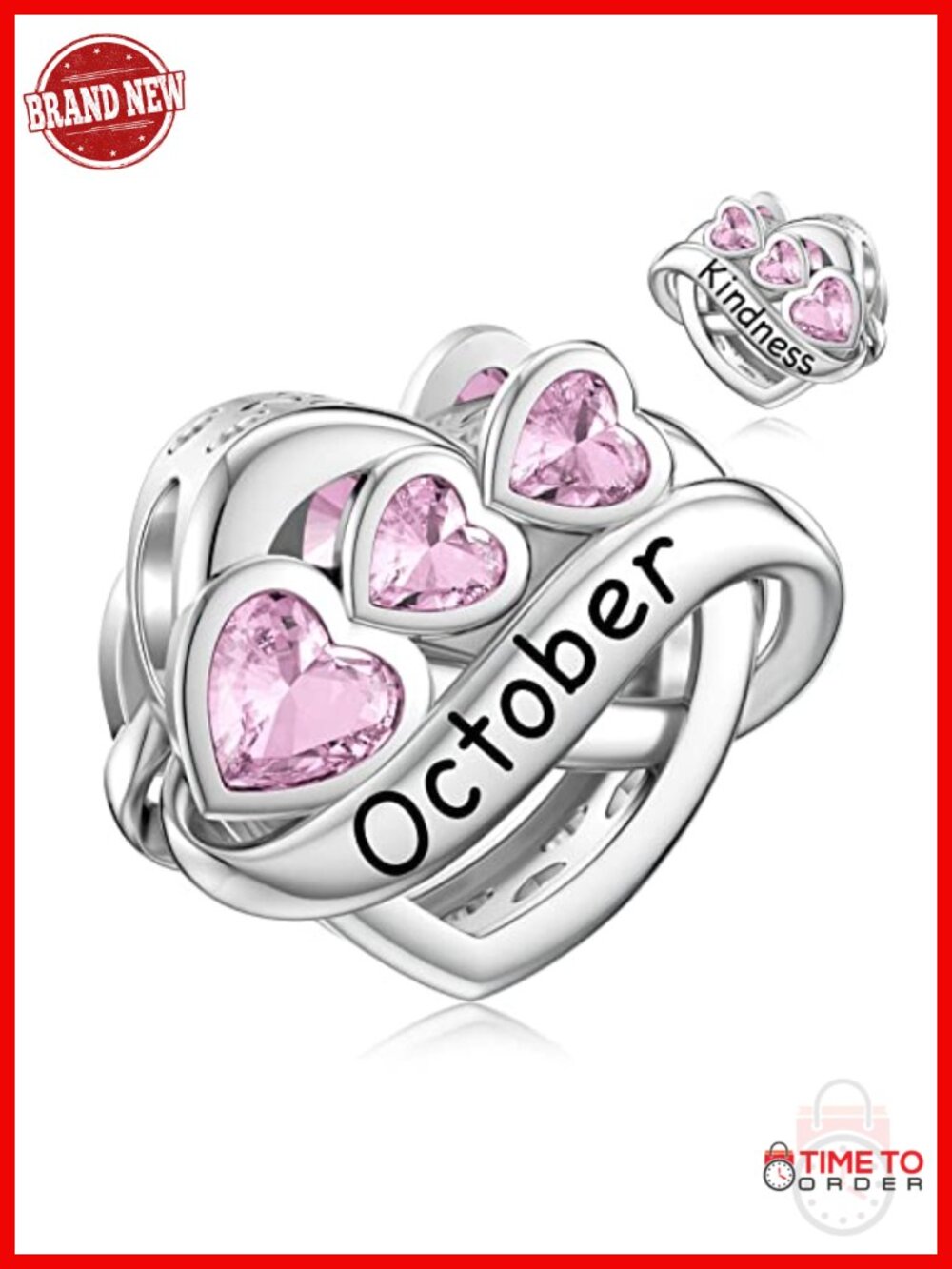 Hypoallergenic Heart Charm for Bracelet, Engraved October Birthstone Charm